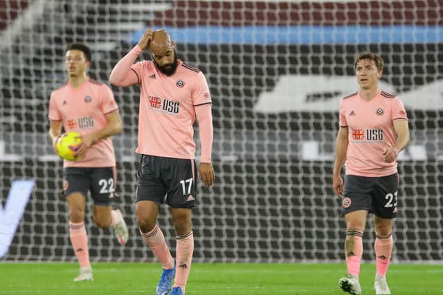 Sheffield United's David McGoldrick and his team-mates show their frustration at the London Stadium. Picture: David Klein/Sportimage