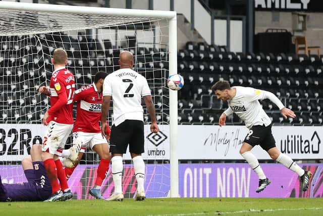 AWAY WOE: Derby County's Lee Gregory (right) scores his side's first goal against Middlesbrough in the Rams' 2-1 win at Pride Park Stadium. Picture: Bradley Collyer/PA