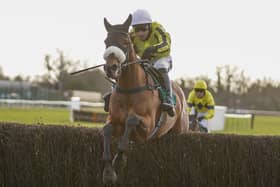 Harry Skelton riding Allmankind on their way to winning The Agetur UK Kingmaker Novices' Chase at Warwick.
