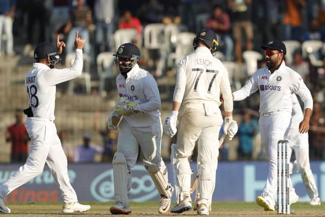 India celebrate the wicket of Jack Leach of England (Picture: Saikat Das / Sportzpics for BCCI)