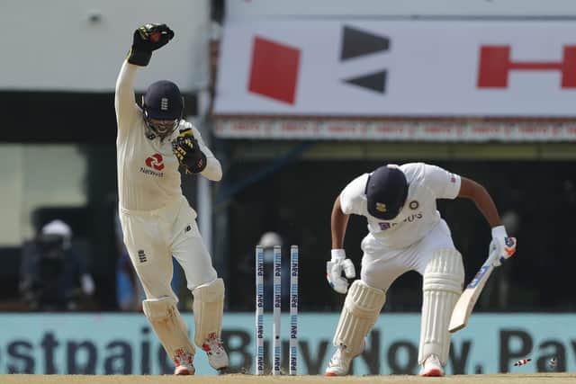 Ben Foakes of England stumping out of Rohit Sharma (Picture: Saikat Das / Sportzpics for BCCI)