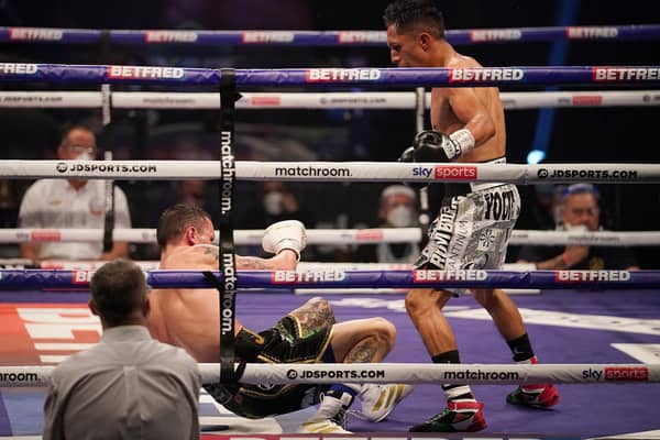 KNOCKOUT: Josh Warrington crashes to the canvas. Picture: Dave Thompson/Matchroom Boxing.