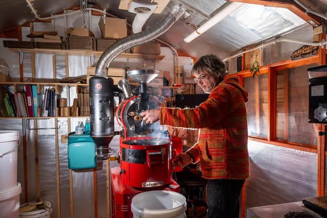 Jonathan Wright, of Apperley Bridge, near Bradford, is a professional coffee roaster of beans from Columbia, Ethiopia, Vietnam and elsewhere, and now supplies cafes and customers around the region all produced from his wooden shed in his garden. Picture: James Hardisty.