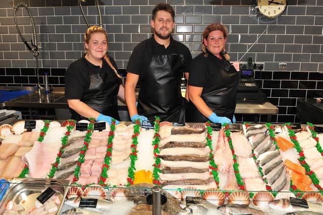 Tarbett's Fishmongers in Harrogate: from left Rhosian Johnson, Liam Tarbett and Sharon Tarbett. Picture: Gerard Binks