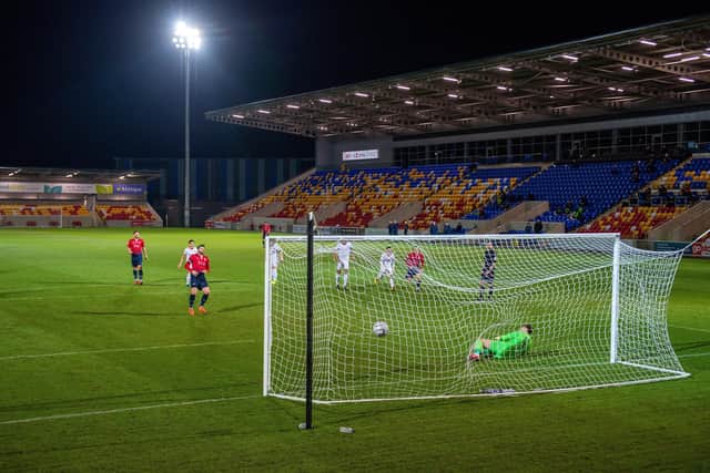 Sean Newton scores from the spot; York City v AFC Fylde, LNER Community Stadium,
16th February 2021. (Picture: Bruce Rollinson)