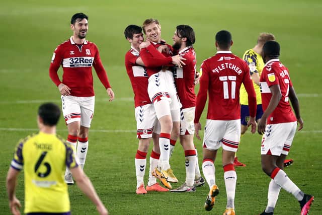 Middlesbrough's Duncan Watmore (centre) celebrates his goal. Picture: PA.