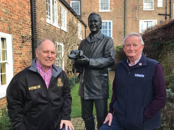 John Gallery (left) with Ian Ashton, managing director at the statue of Alf Wight OBE (James Herriot) at the World of James Herriot