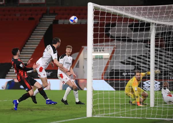 Rotherham United's Richard Wood misses a chance against Bournemouth. Pcture: PA