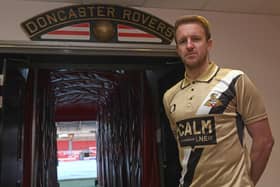 Doncaster Rovers' James Coppinger wearing the club's third kit, which he designed himself. Picture: Andrew Roe/AHPIX