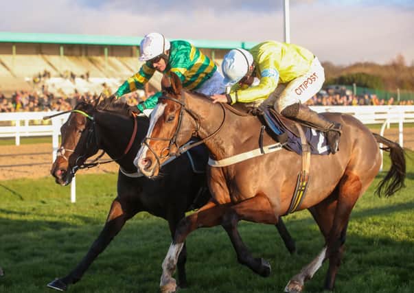 Henry Brooke - pictured winning the 2019 Fighting Fifth Hurdle on Cornerstone Lad (near side) - has made a successful return to the saddle.