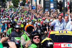 Gary Verity and Christian Prudhomme, general director of the Tour de France, in front of thousands of spectators as the Grand Depart weekend got under way in Leeds in 2014. Picture: PA