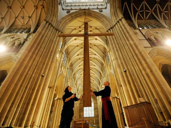 The Lent Cross seen here being raised at York Minster back in 2018. (Simon Hulme).