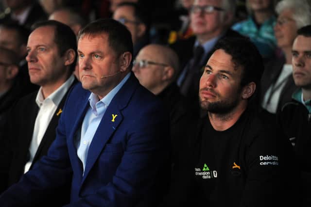 Former WTY chief executive Sir Gary Verity with international cyclist Mark Cavendish (right) and Christian Prudhoome (left), the mastermind behind the Tour de France, at a Tour de Yorkshire launch in Halifax's Piece Hall.