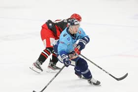 BACK IN THE GAME: Sheffield Steeldogs' captain Lewis Bell, in action against Swindon last Sunday at Ice Sheffield. Picture courtesy of Podium Prints/Steeldogs Media.
