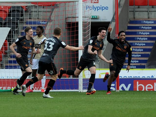 Jacob Greaves celebrates putting Hull City 3-1 up at Doncaster Rovers. Picture: SIMON HULME.