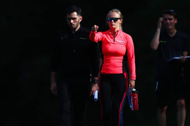 Harrogate's Sarah Moore walks the track with her engineer during previews for the sixth and final round of the W Series at Brands Hatch on August 09, 2019 in Longfield, England. (Picture: Dan Istitene/Getty Images)