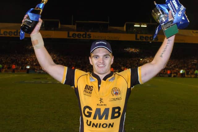 Danny Brough celebrates winning promotion with Castleford Tigers back in 2007 (Picture: Tony Johnson)