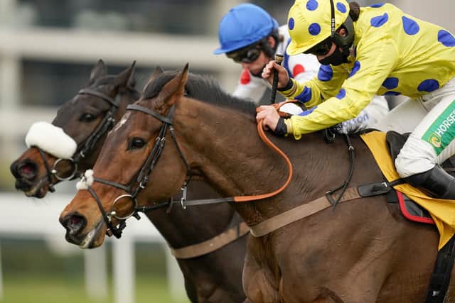 Secret Investor ridden by jockey Bryony Frost (right) clear the last to win the Betfair Denman Chase at Newbury.