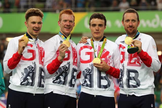 Great Britain's (left-right) Owain Doull, Ed Clancy, Steven Burke and Sir Bradley Wiggins with their gold medals following victory in the men's team pursuit at the Rio Olympics. Picture: David Davies/PA