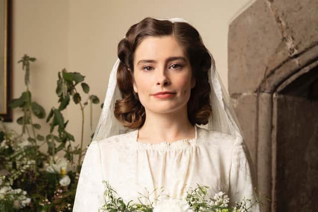Helen (Rachel Shenton) in her wedding dress inspired by Wallis Simpson's dress.