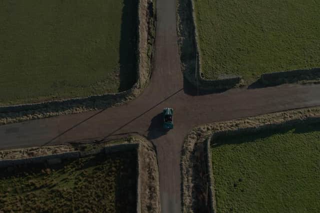 The crossroads in the All Creatures Great and Small Christmas episode as seen from the air.