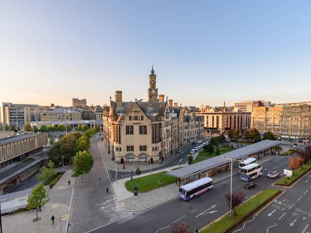 An aerial view of Bradford city centre. Byline: SHAHID A KHAN. Copyright: 	©SakhanPhotography - stock.adobe.com