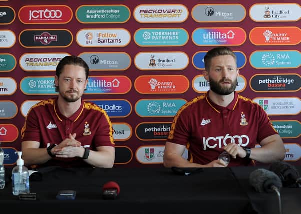 DYNAMIC DUO: New permanent Bradford City managerial team, Conor Sellars (left) and Mark Trueman, pictured at their Valley Parade press conference on Monday. Picture: Simon Hulme