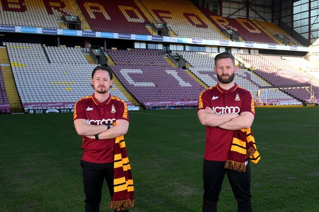 New Bradford City managerial duo, Conor Sellars (left) and Mark Trueman, pictured at Valley Parade on Monday. Picture: Simon Hulme