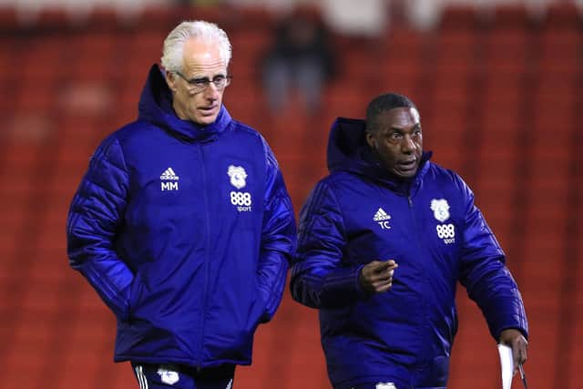 Cardiff City manager Mick McCarthy (left) and his assistant Terry Connor, right. Picture: Mike Egerton/PA