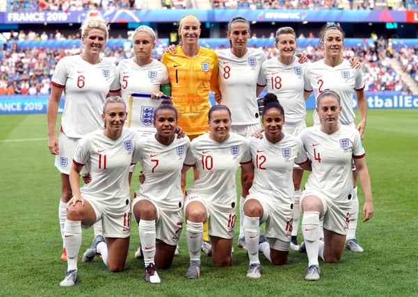 TEAM-MATES: Steph Houghton, back row, second left, and Jill Scott, back row, fourth left, line up to play for England together back in 2019. Picture: John Walton/PA Wire.