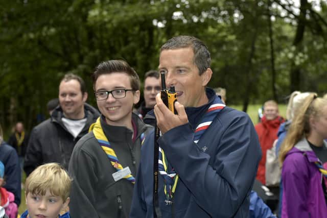 Bear Grylls in his role as Chief Scout with scouts at Bramhope as part of their Youth Commissioners' Challenge badge (photo: Steve Riding).
