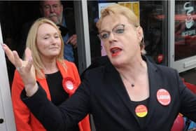 Eddie Izzard visits Leigh town centre to show support for Labour candidate Jo Platt in the 2017 general election.