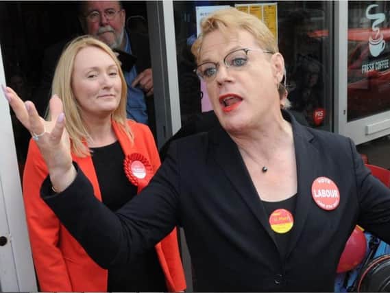 Eddie Izzard visits Leigh town centre to show support for Labour candidate Jo Platt in the 2017 general election.