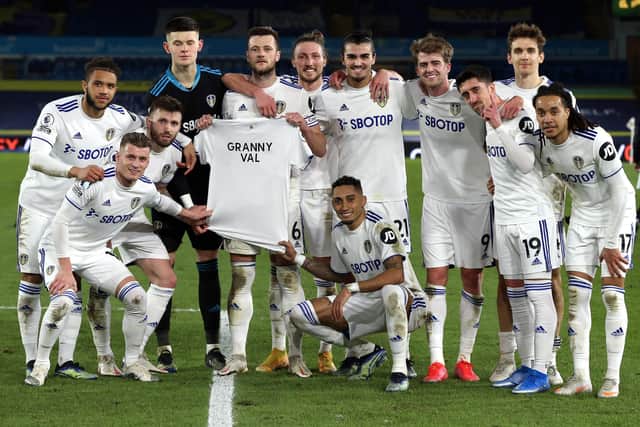 Leeds players tribute to Kalvin Phillips' Grandma 'Granny Val'  at full time. Picture Bruce Rollinson