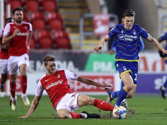 Rotherham United's Michael Smith catches Nottingham Forest's Ryan Yates. Picture: PA.