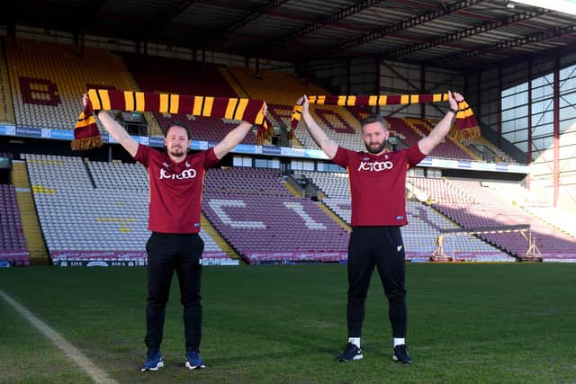 TOP OF THE PILE: Bradford City joint-managers Conor Sellars (left) and Mark Trueman, pictured at Valley Parade on Monday. Picture: Simon Hulme