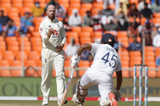 GOT HIM: Jack Leach of England celebrates the wicket of Rohit Sharma on day two in Ahmedabad. Picture courtesy of Sportzpics for BCCI (via ECB).