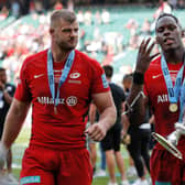 Saracens' George Kruis (left) and Maro Itoje celebrate with the trophy after winning the Gallagher Premiership Final at Twickenham Stadium, London in 2019 (Picture: Darren Staples/PA Wire)