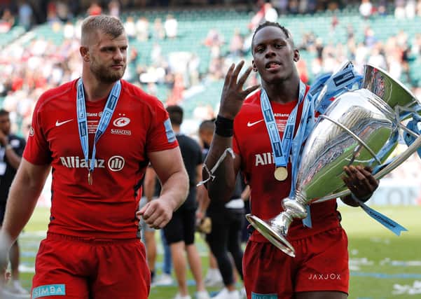Saracens' George Kruis (left) and Maro Itoje celebrate with the trophy after winning the Gallagher Premiership Final at Twickenham Stadium, London in 2019 (Picture: Darren Staples/PA Wire)