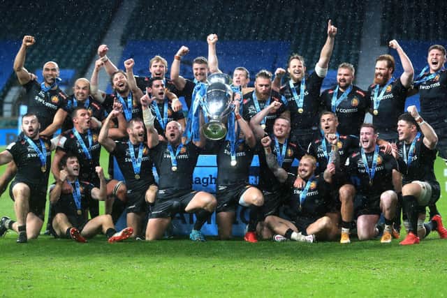 Exeter Chiefs celebrate lifting the Gallagher Premiership trophy after the Play-Off Final at Twickenham in 2020 (Picture: PA)