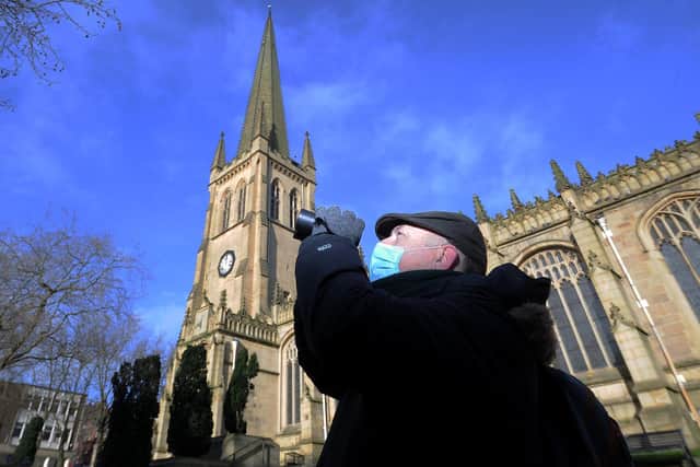 Peregrine Falcons on the spire at Wakefield Cathedral..Francis Hickenbottom looks out for the falcons. Picture by Simon Hulme