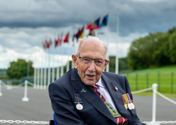 Captain Sir Tom Moore, visiting the Army Foundation College, Harrogate, last summer as part of his new role as Honorary Colonel of the Northern military training establishment. Photo: James Hardisty.