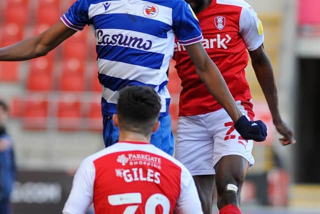 Rotherham's Matt Olosunde loses out in the air against Reading (Picture: Dean Atkins)