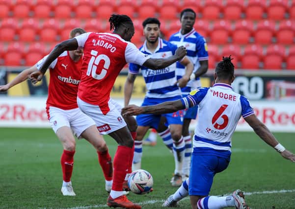 Rotherham's Freddie Ladapo has a shot blocked by Reading's Liam Moore (Picture: Dean Atkins)