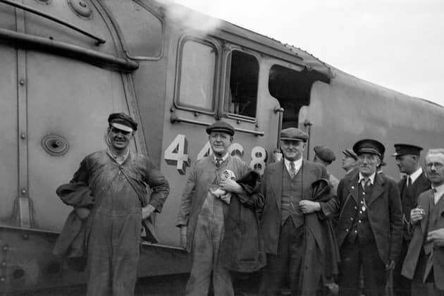 Mallard, July 3, 1938, from left, fireman Thomas Bray, driver Joe Duddington, Sam Jenkins from LNER and guard Henry Croucher. (Picture credit: National Railway Museum/SSPL).