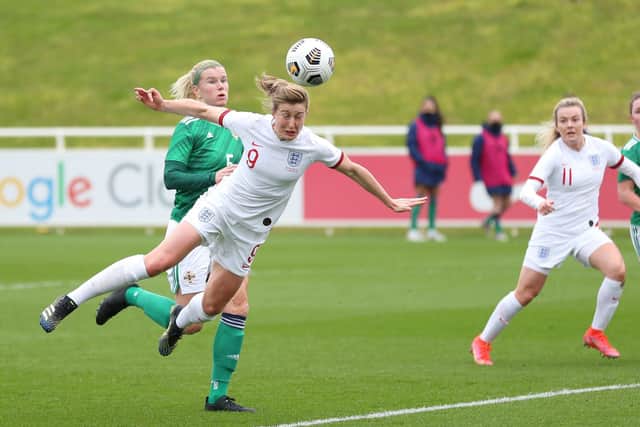 Ellen White scores England's second goal at St Georges Park, against Northern Ireland in midweek. Picture: FA Handout/PA