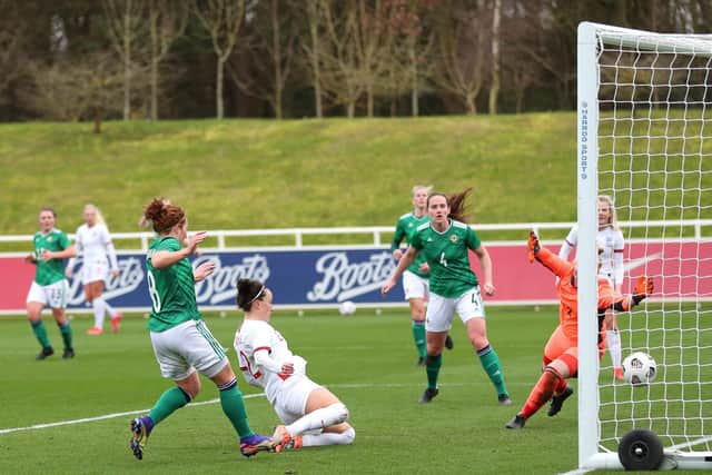 Lucy Bronze scores England 's third goal against Northern Ireland at St George's Park. Picture: FA Handout/PA