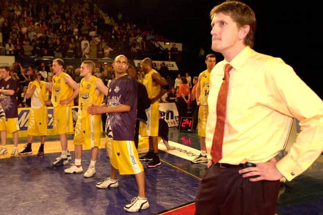 BBL Championship Final, Wembley Arena, Sheffield Sharks v Chester Jets. April 27, 2002.
 Sharks Coach Chris Finch and his team watch as the Chester Jets recieve the winners cup.