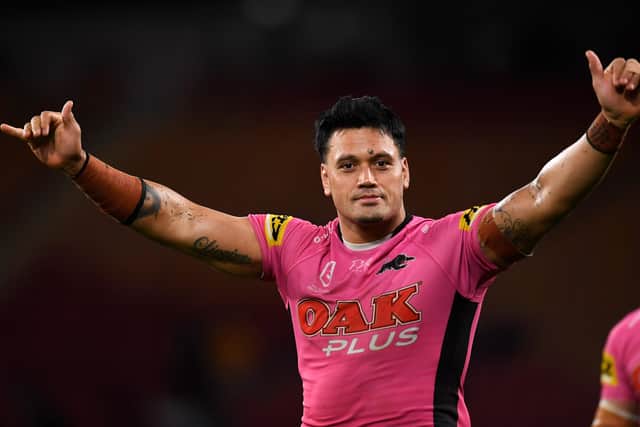 Zane Tetevano of the Penrith Panthers thanks fans after winning the round 17 NRL match between the Brisbane Broncos and the Penrith Panthers at Suncorp Stadium on September 03, 2020 in Brisbane, Australia. (Picture: Albert Perez/Getty Images)