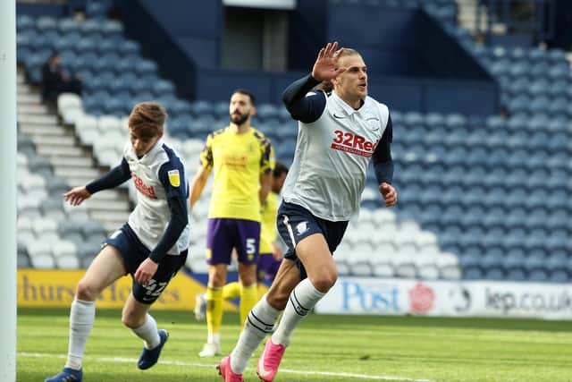 OPENER: Brad Potts wheels away after putting Preston North End in front. Picture: Getty Images.